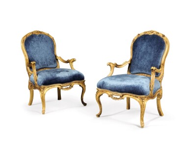 View full screen - View 1 of Lot 135. A pair of Italian Rococo carved giltwood armchairs, Neapolitan, mid 18th century (regilt).
