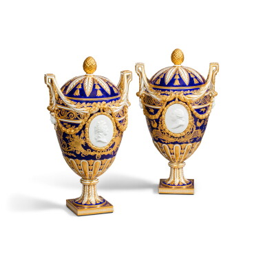 View full screen - View 1 of Lot 69. A pair of Sèvres Royal Portrait bleu nouveau two-handled vases and covers (vases 'oeufs garnis'), circa 1774.