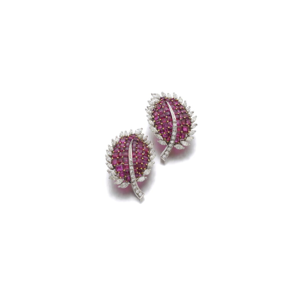 View full screen - View 1 of Lot 307. PAIR OF RUBY AND DIAMOND EAR CLIPS.