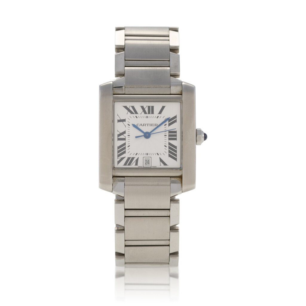 View full screen - View 1 of Lot 201. Tank Française, Ref. 2302 Stainless steel wristwatch with date and bracelet Circa 2001.