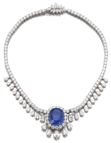 View full screen - View 1 of Lot 6. SAPPHIRE AND DIAMOND NECKLACE.