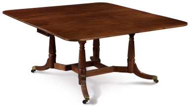 View full screen - View 1 of Lot 1139. FINE FEDERAL FIGURED MAHOGANY DROP LEAF DINING TABLE, ATTRIBUTED TO JOHN AND/OR THOMAS SEYMOUR, BOSTON, MASSACHUSETTS, CIRCA 1805.