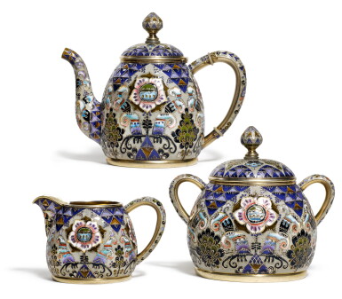 View full screen - View 1 of Lot 107. A FABERGÉ SILVER-GILT AND CLOISONNÉ ENAMEL TEA SERVICE, WORKMASTER FEODOR RÜCKERT, RETAILED BY MARSHAK, MOSCOW, 1908-1917.