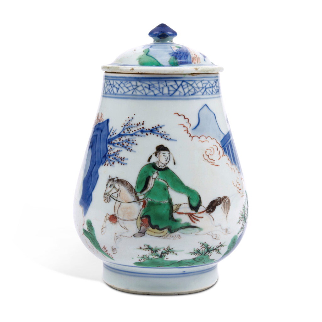 View full screen - View 1 of Lot 364. An inscribed wucai 'figural' ovoid jar and cover, Qing dynasty, Shunzhi / early Kangxi period | 清順治 / 康熙初 青花五彩人物圖蓋罐.