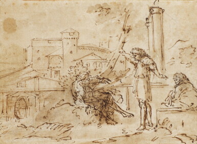 View full screen - View 1 of Lot 208. ATTRIBUTED TO SALVATOR ROSA | FIGURES CONVERSING IN FRONT OF BUILDINGS AND RUINS.