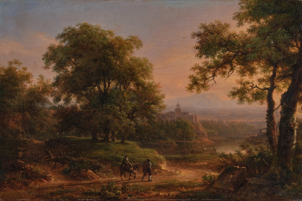 View full screen - View 1 of Lot 41. Landscape with two travelers and a hilltop town beyond.