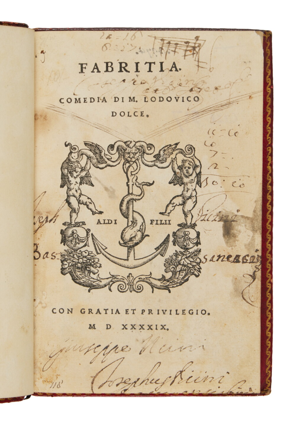 View full screen - View 1 of Lot 694. Dolce, Fabritia, Venice, Heirs of Aldo, 1549, nineteenth-century English red morocco, Syston Park copy.