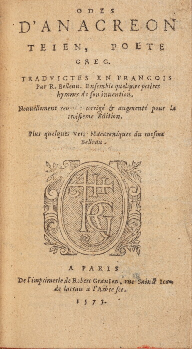 View full screen - View 1 of Lot 5. Odes d'Anacreon... Paris, 1573. Troisième édition, en partie originale. Dans une jolie reliure mosaïquée de Trautz-Bauzonnet..
