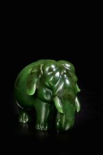 An Impressive Fabergé Nephrite Model of an Elephant, St. Petersburg, circa 1900