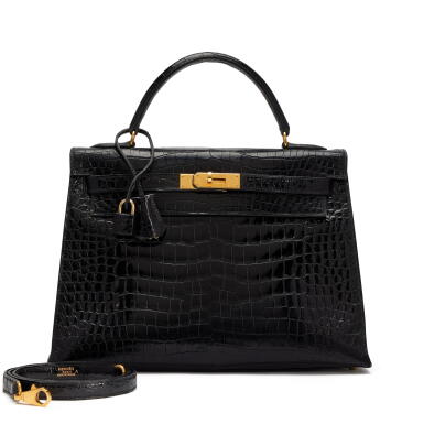 View full screen - View 1 of Lot 154. Vintage Black Shiny Porosus Crocodile Kelly 32 Sellier Gold Hardware, 1999 .