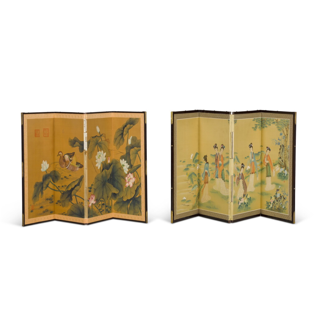 View full screen - View 1 of Lot 1552. Two Chinese four-fold painted screens, 20th century.