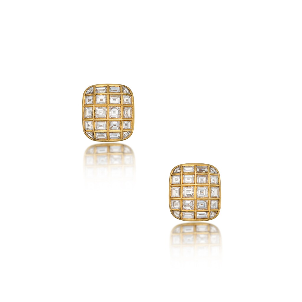 View full screen - View 1 of Lot 168. A Pair of Gold and Diamond 'Checkerboard' Earclips.