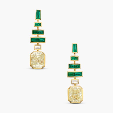 View full screen - View 1 of Lot 481. Pair of Fancy Light Yellow Diamond, Emerald and Diamond Pendant-Earrings.