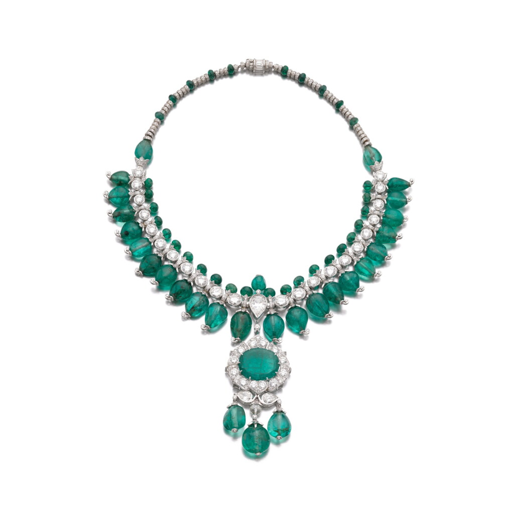 View full screen - View 1 of Lot 347. Attractive emerald and diamond necklace | Bhagat 祖母綠及鑽石項鏈.