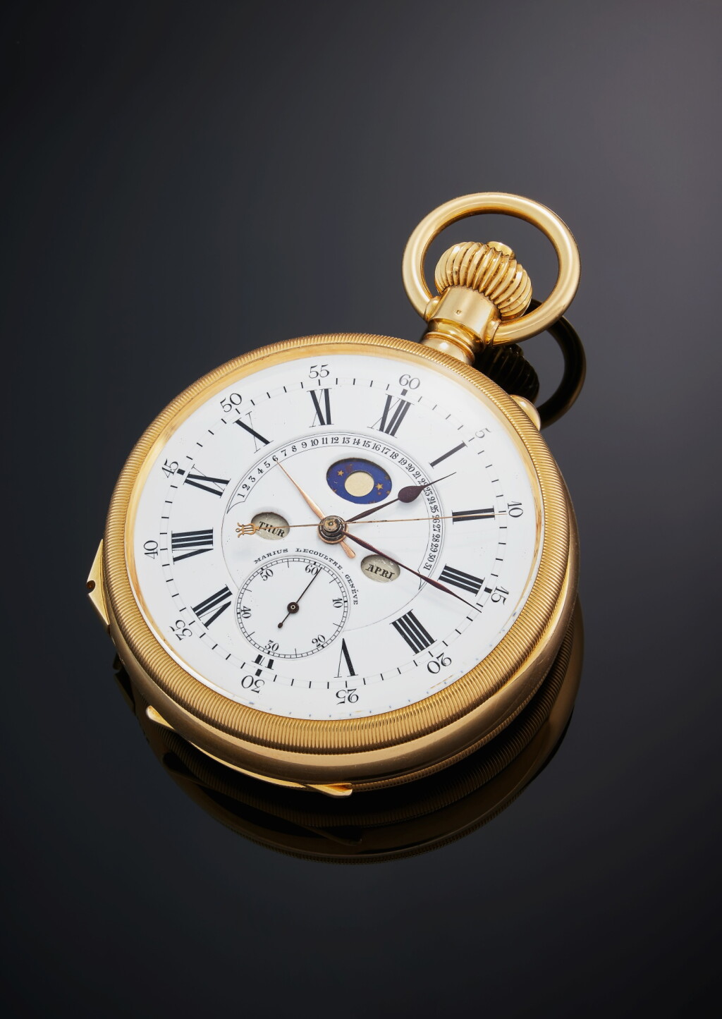 Voir en plein écran - Voir 1 du lot 54. A rare oversized yellow gold open-faced keyless two train minute repeating clock watch with perpetual calendar, retrograde date, moon phases and jumping chronograph seconds without reset, Made for George C. Thomas in 1905.