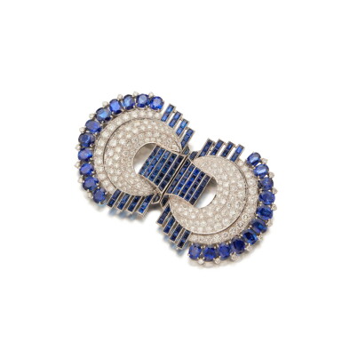 View full screen - View 1 of Lot 570. Sapphire and Diamond Double Clip-Brooch.