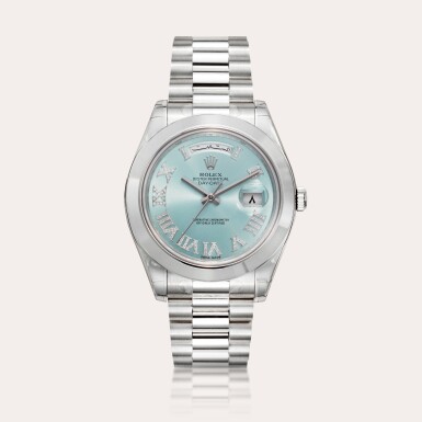 View full screen - View 1 of Lot 145. Day-Date II ‘Royal Khanjar’, Reference 218206 | A platinum and diamond-set wristwatch with Arabic day, date and bracelet made for the Sultan of Oman | Circa 2012.