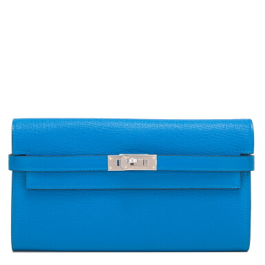 View full screen - View 1 of Lot 20. Hermès Bleu Zanzibar Kelly Long Wallet of Chevre Leather with Palladium Hardware.