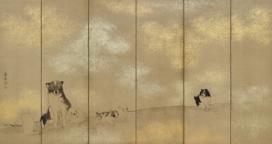 View full screen - View 1 of Lot 2158. Nagasawa Rosetsu (1754-1799), Dogs and puppies, Edo period, late 18th century | 長沢蘆雪 群犬図屏風 江戸時代中期 18世紀後半.