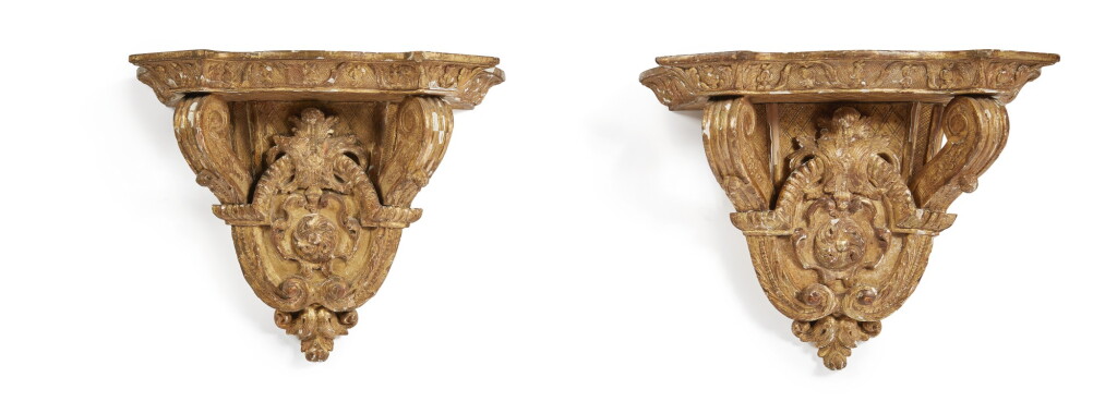 View full screen - View 1 of Lot 38. A Pair of French Régence Carved Giltwood Wall Brackets, Probably 19th Century.