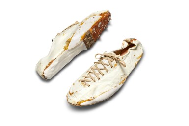 View full screen - View 1 of Lot 1. Bill Bowerman Handmade Waffle Spike Shoes and Handwritten Note for John Mays.