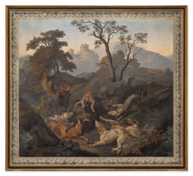 View full screen - View 1 of Lot 82. A Wallpaper panel depicting a Hunt Scene "Chasses au Sanglier" after a design by Antoine Dury for Délicourt, Mid-19th Century.