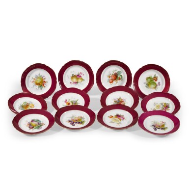View full screen - View 1 of Lot 71. A set of twelve Berlin (K.P.M.) outside decorated claret-ground plates, circa 1900.