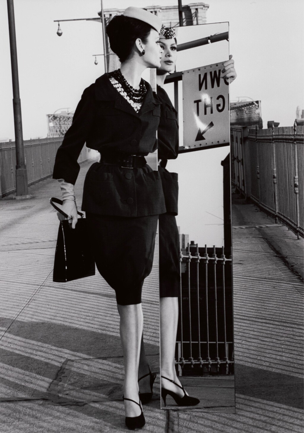 View full screen - View 1 of Lot 118. WILLIAM KLEIN | ANNALISE ON BROOKLYN BRIDGE & MIRROR, N.Y., VOGUE, 1963.