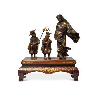 View full screen - View 1 of Lot 646. A Group of Three ‘Tokiwa Gozen' Figures, Signed Miyao Zo, Meiji Period, Late 19th Century | 銅製置物 常盤御前と子供の逃避行 宮尾造、明治時代、19世紀後期 | 日本 明治 十九世紀末 宮尾銅局部鎏金常盤御前置物.