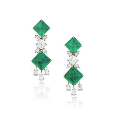View full screen - View 1 of Lot 34. Magnificent Pair of Emerald and Diamond Pendant-Earclips.