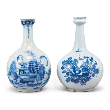 View full screen - View 1 of Lot 480. TWO ENGLISH DELFTWARE BLUE AND WHITE GUGLETS, CIRCA 1750-65.
