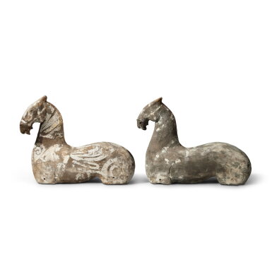 View full screen - View 1 of Lot 714. A pair of painted gray pottery horse torsos, Han dynasty | 漢 灰陶加彩馬一對.