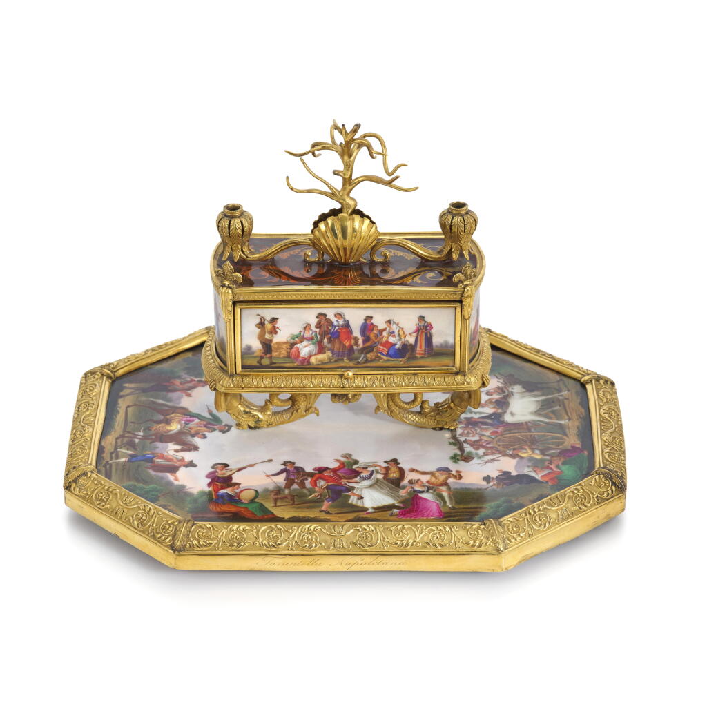 View full screen - View 1 of Lot 59. A Royal gilt-bronze mounted French porcelain inkstand, the porcelain decorated in Naples by Raffaele Giovine, circa 1820-1825, probably delivered to King Ferdinand Ist of Naples (1751-1825).