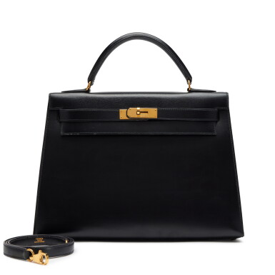 View full screen - View 1 of Lot 63. Vintage Black Box Kelly 32 Sellier Gold Hardware, 1992.