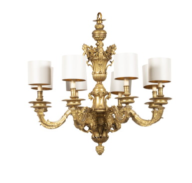 View full screen - View 1 of Lot 116. A Louis XIV style gilt-bronze eight-light chandelier | Lustre français à huit lumières en bronze doré de style Louis XIV.