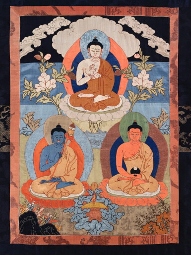 View full screen - View 1 of Lot 9. A rare and fine silk appliqué thangka depicting three Buddhas, Tibet, circa 17th century .