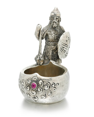 View full screen - View 1 of Lot 73. A RARE MINIATURE FABERGÉ GEM-SET SILVER KOVSH, MOSCOW, 1899-1907.