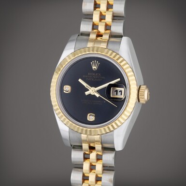 View full screen - View 1 of Lot 416. Reference 179173 "Onyx dial" Datejust | A yellow gold and stainless steel diamond-set automatic wristwatch with date, bracelet, and onyx dial, Circa 2011.