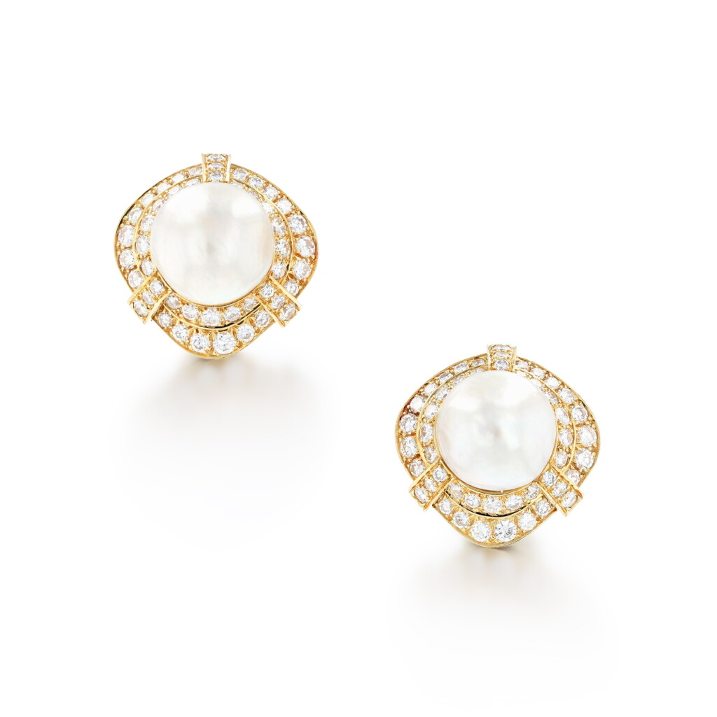 View full screen - View 1 of Lot 28. Pair of cultured pearl and diamond ear clips | Paire de clips d'oreille perles de culture et diamants .