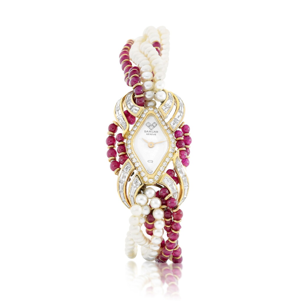 View full screen - View 1 of Lot 9277. Sarcar | A yellow gold and diamond-set wristwatch with cultured pearl and ruby bracelet, Circa 1995 | 黃金鑲鑽石鏈帶腕錶,備珍珠及紅寶石鏈帶,約1995年製.