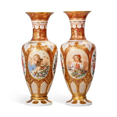 View full screen - View 1 of Lot 616. A Pair of Bohemian Ruby Overlay Baluster Vases, Late 19th Century.