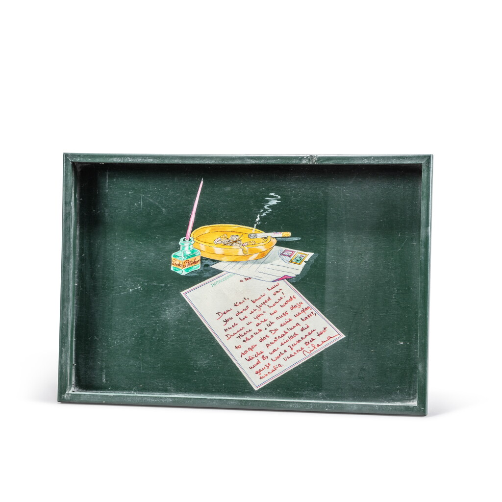 View full screen - View 1 of Lot 223. A large green painted wooden tray dedicated to Karl Lagerfeld.