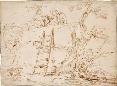 View full screen - View 1 of Lot 83. A landscape with a large rock and three figures, a wooden ladder in the centre leaning against the rock.