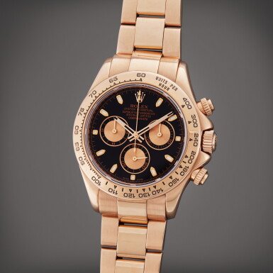 View full screen - View 1 of Lot 113. Reference 116505 Daytona | A pink gold automatic chronograph wristwatch with bracelet, Circa 2015.