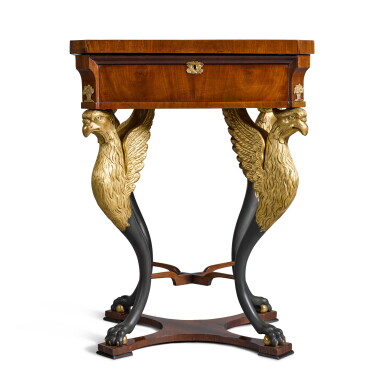 View full screen - View 1 of Lot 32. An Austrian mahogany parcel-gilt and bronzed work table, early 19th century.