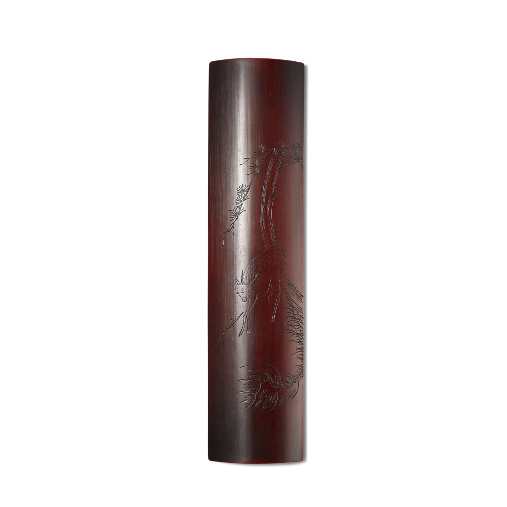 View full screen - View 1 of Lot 372. A bamboo 'deer and pine' armrest, Qing dynasty, 18th - 19th century | 清十八至十九世紀 竹雕松鹿圖臂擱.