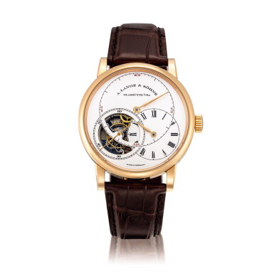 View full screen - View 1 of Lot 2018. A. Lange & Söhne | Richard Lange Tourbillon pour le Mérite, Reference 760.032F, A pink gold tourbillon wristwatch with chain and fusée and regulator dial, Circa 2013 | 朗格 | Richard Lange Tourbillon pour le Mérite 型號760.032F 粉紅金陀飛輪腕錶,備芝麻鏈及regulator錶盤,約2013年製.