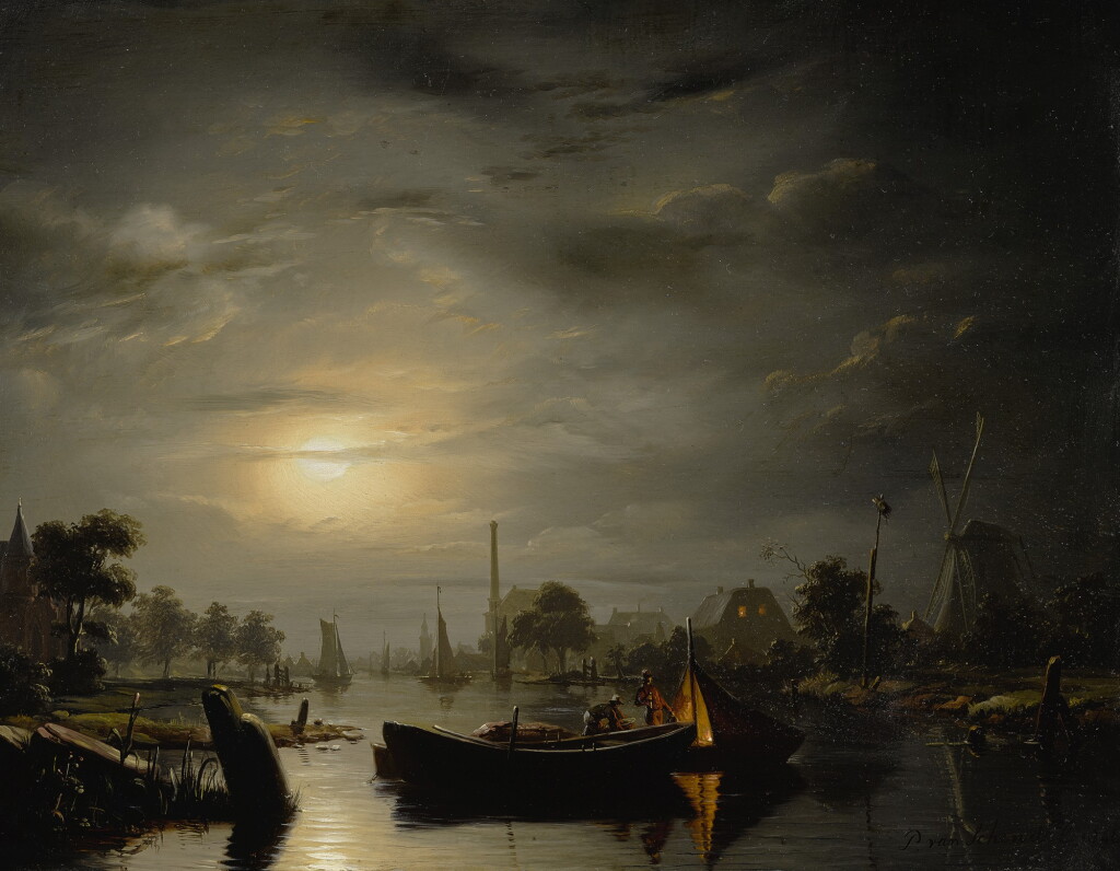 View full screen - View 1 of Lot 141. PETRUS VAN SCHENDEL | A RIVER LANDSCAPE IN SILVER MOONLIGHT.