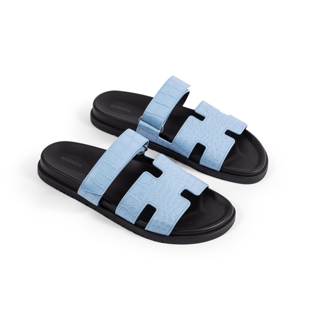 View full screen - View 1 of Lot 754. Bleu Caméo Matte Mississippiensis Alligator Chypre Sandals, Size 45.