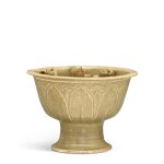 A Yue celadon 'lotus' stem cup, Five dynasties 五代 越窰青釉刻蓮瓣紋五管高足盃